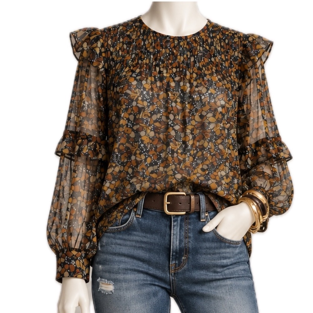 BA&SH Lady Floral Semi-Sheer Ruffle Blouse Tiered Sleeves Brown Gold | Women's S